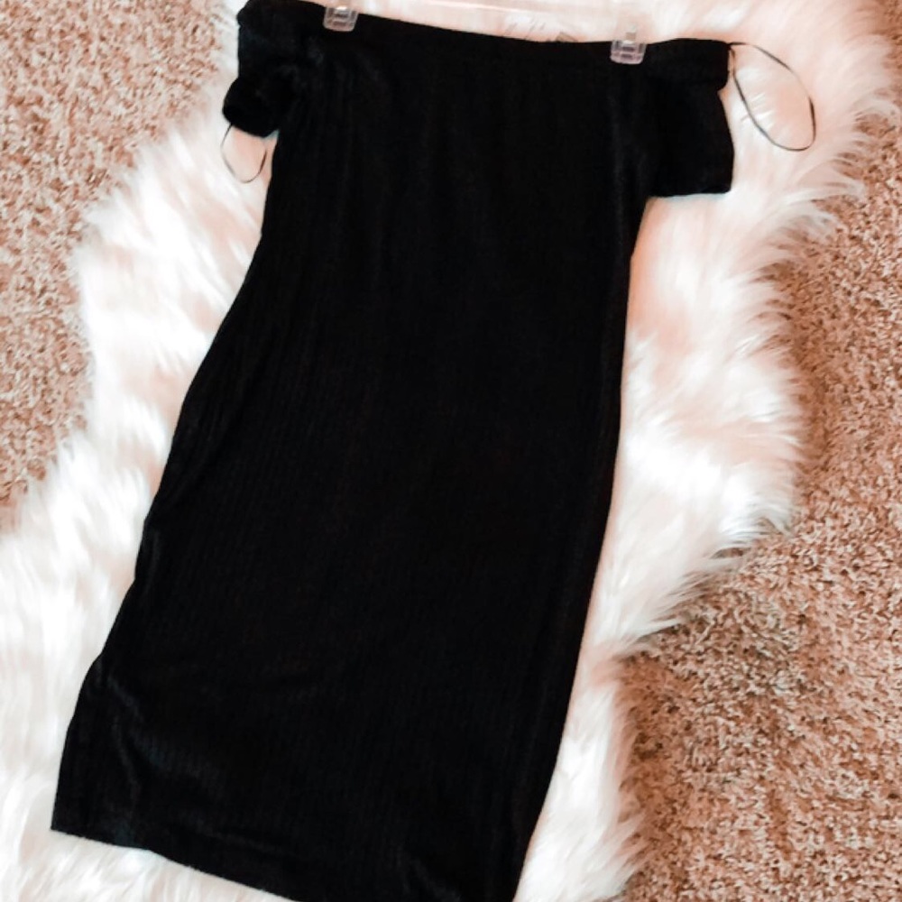 Black Ribbed Off-The-Shoulder Dress